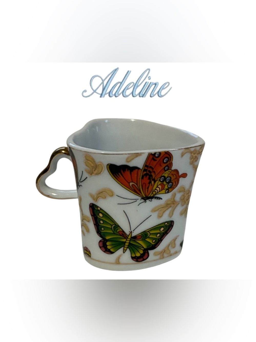 VINTAGE ADELINE ESPRESSO CUP HEART SHAPED BUTTERFLY CERAMIC MUG
